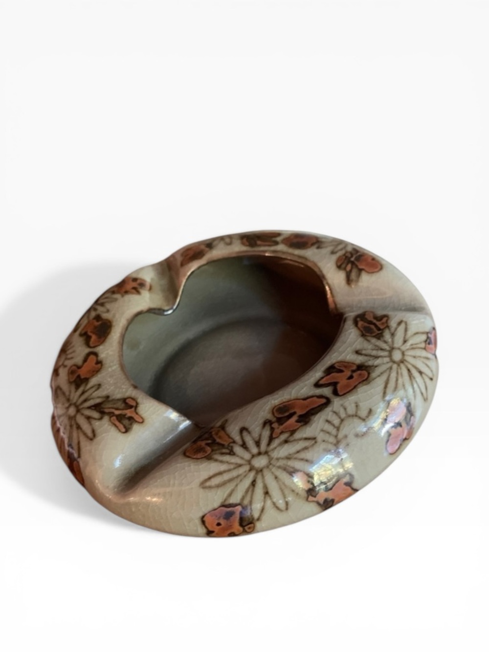 MCM Handpainted Olive Green Brown Ceramic Pottery Round Ashtray 7” Round